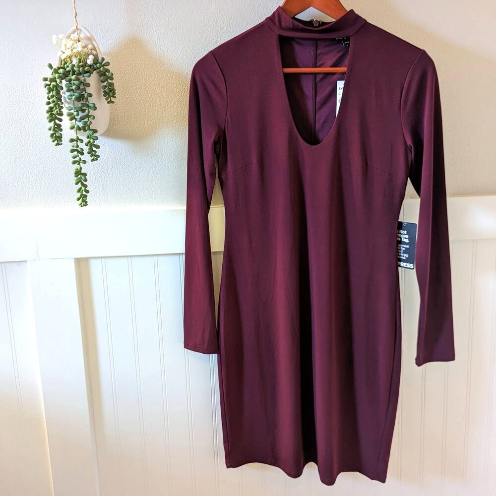 NWT Express Burgundy High Neck Cutout Long Sleeve Bodycon Mini Dress size 8